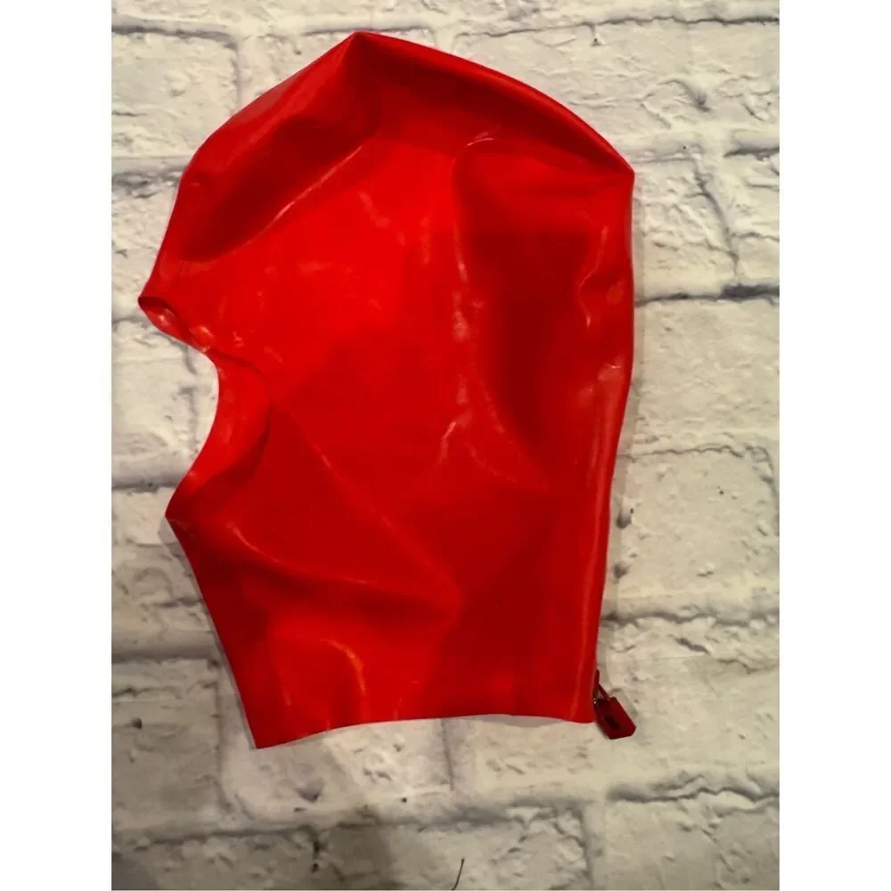 Latex hood open mouth face red size small BDSM fetish rear zipper euc